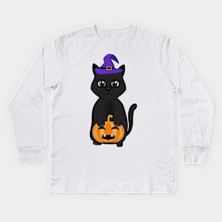 cute black cat and pumpkin halloween Kids Long Sleeve T-Shirt